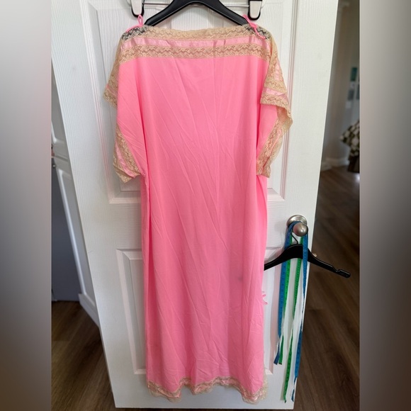 Vintage Pink Kaftan Style Sheer Lingerie Dress Lace Trim 1960s 1970s Nightgown - Picture 4 of 5